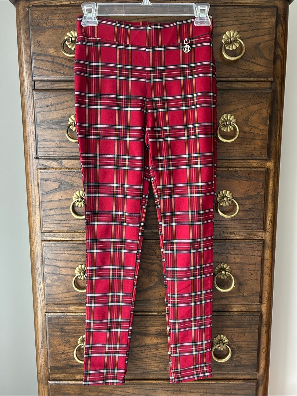 Tommy Hilfiger Women’s Red Plaid Skinny Stretch Pants with Logo Charm, Size 2